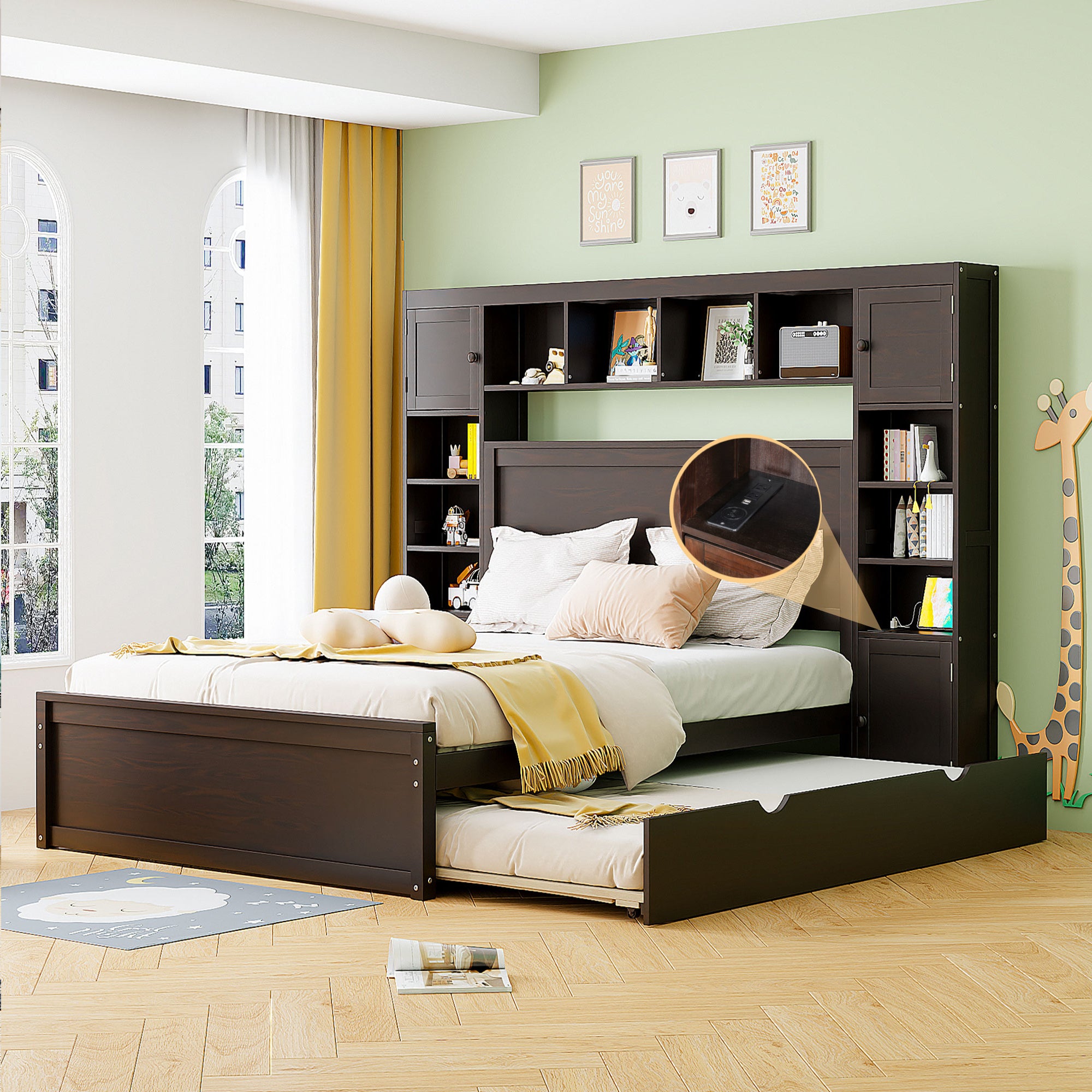 Queen Size Wooden Bed With All-in-One Cabinet, Shelf and Sockets, Espresso - Atlantic Fine Furniture Melbourne FL