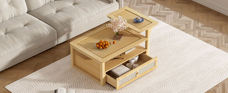 Coffee Table With 1 Storage Shelf, 2 Tabletops And 1 Rattan Drawer