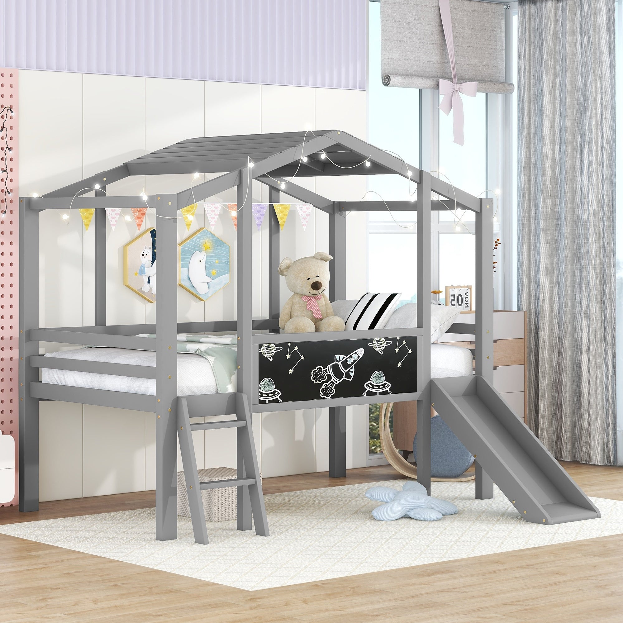Twin Size Loft Bed with Ladder and Slide, House Bed with Blackboard and Light Strip on the Roof, Gray - Atlantic Fine Furniture Melbourne FL