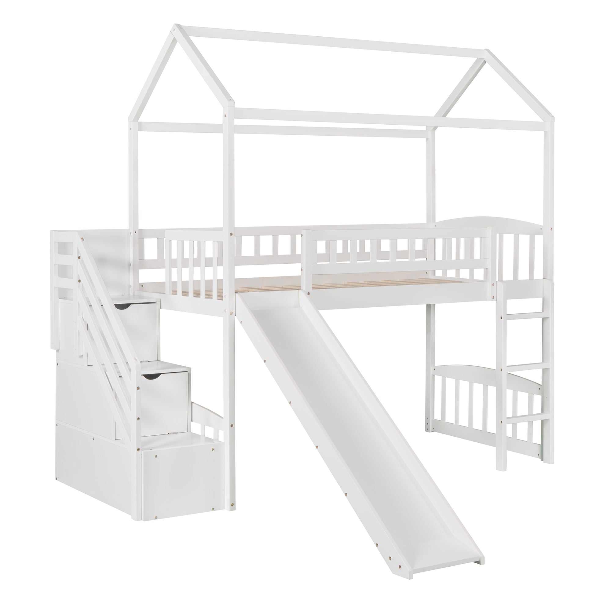 Twin Loft Bed with Two Drawers and Slide, House Bed with Slide, White (Old SKU: LP000130AAK) - Atlantic Fine Furniture Melbourne FL
