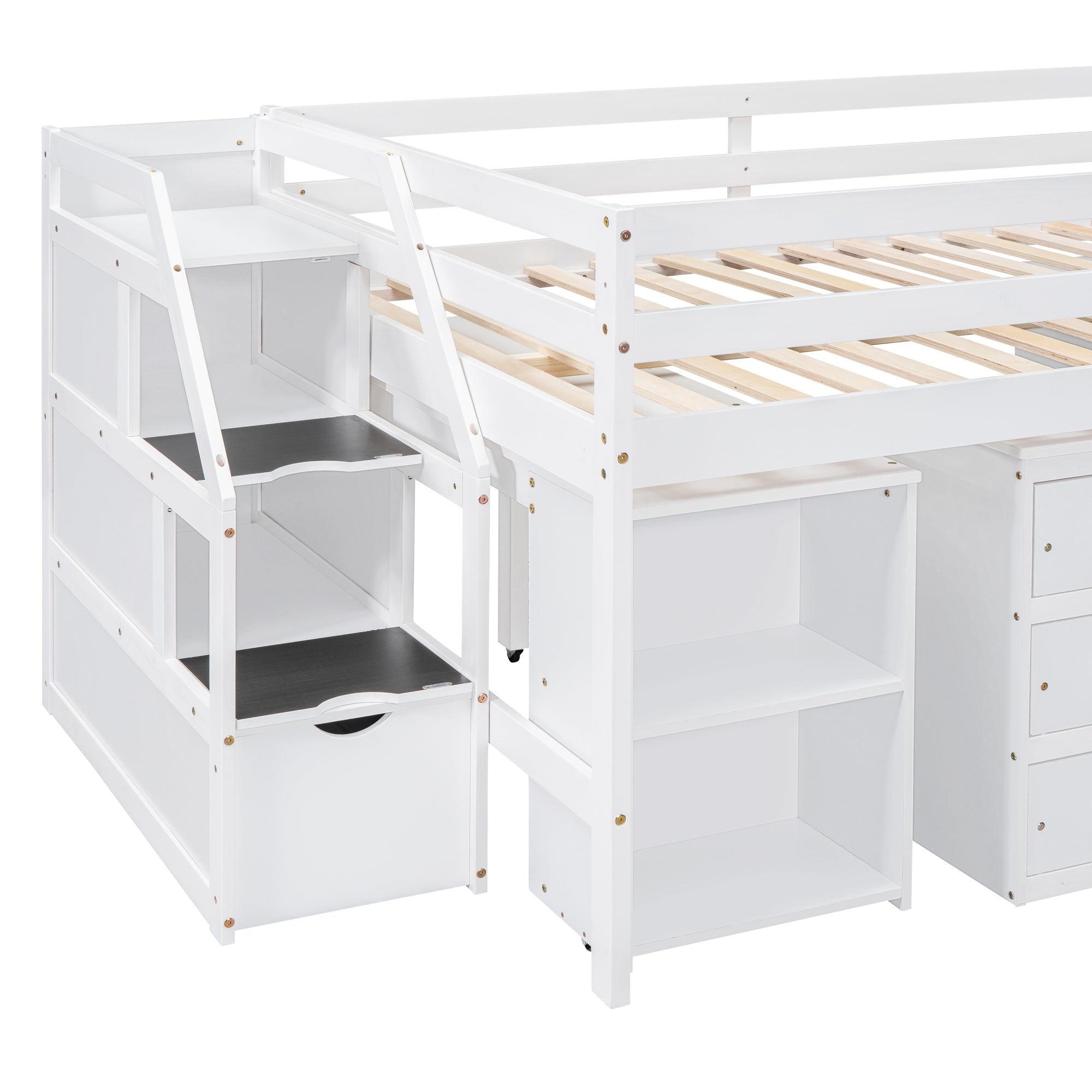 Full Size Loft Bed with Retractable Writing Desk and 3 Drawers, Wooden Loft Bed with Storage Stairs and Shelves, White - Atlantic Fine Furniture Melbourne FL