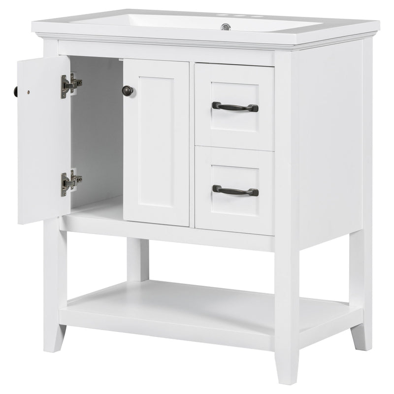 Bathroom Vanity With Ceramic Sink Top, Vanity Cabinet With Multi-Functional Drawer, Solid Wood Legs - White