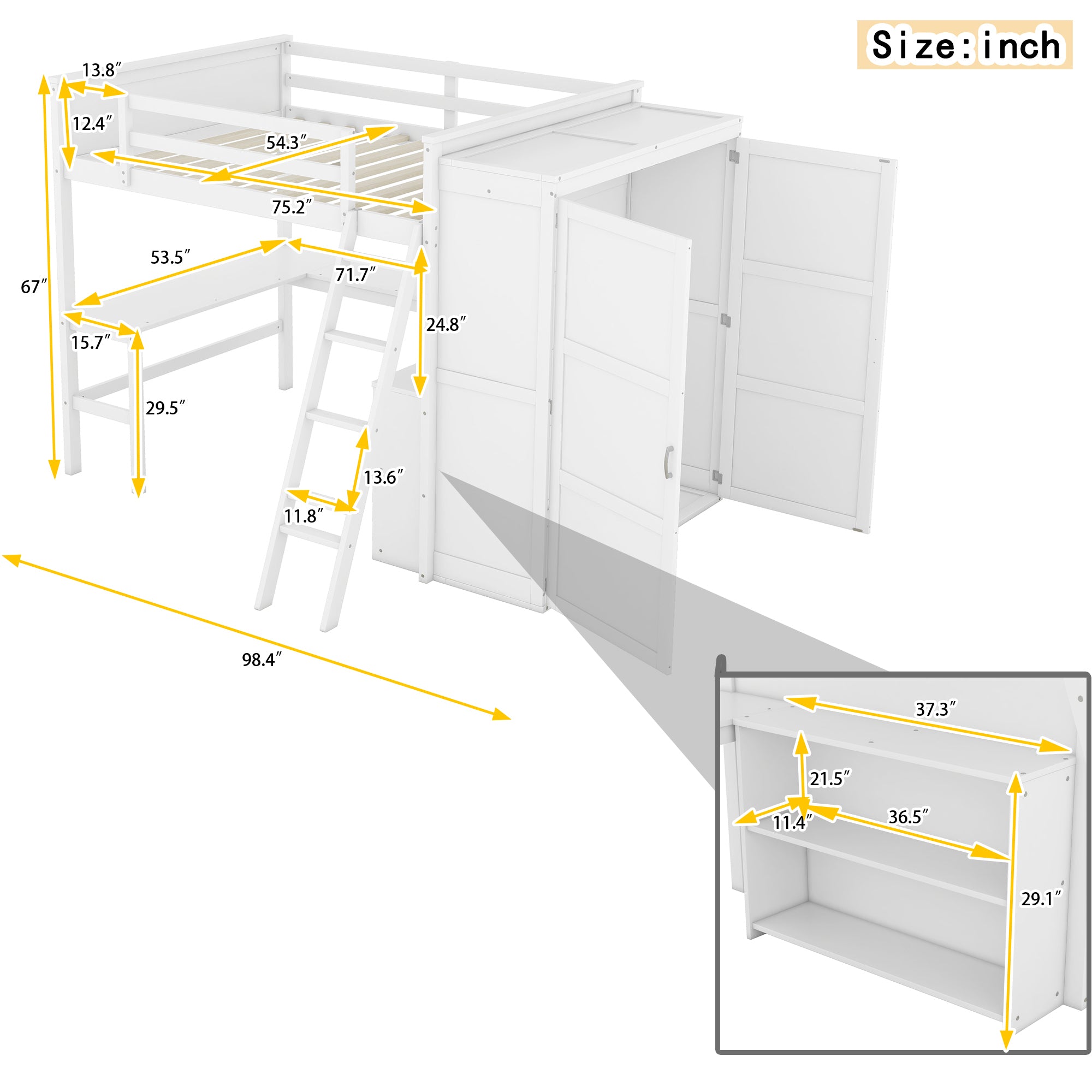 Full size Loft Bed with Desk, Shelves and Wardrobe-White - Atlantic Fine Furniture Melbourne FL