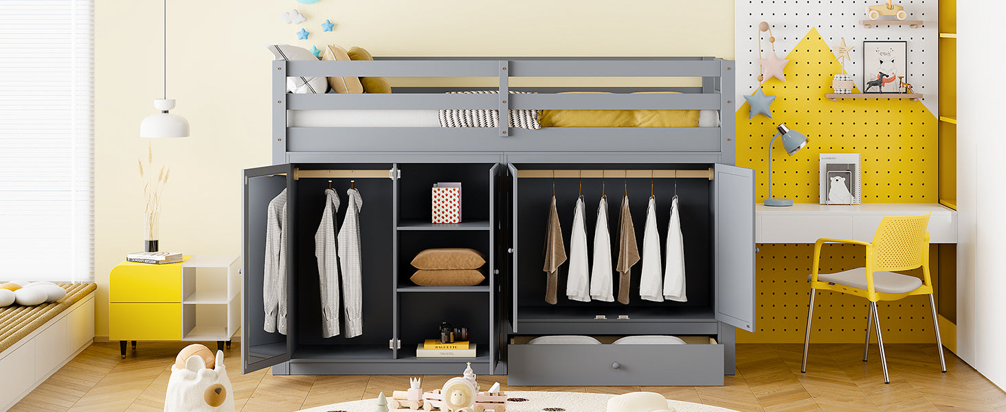 Twin size Loft Bed with Drawer, Two Wardrobes and Mirror, Gray - Atlantic Fine Furniture Melbourne FL