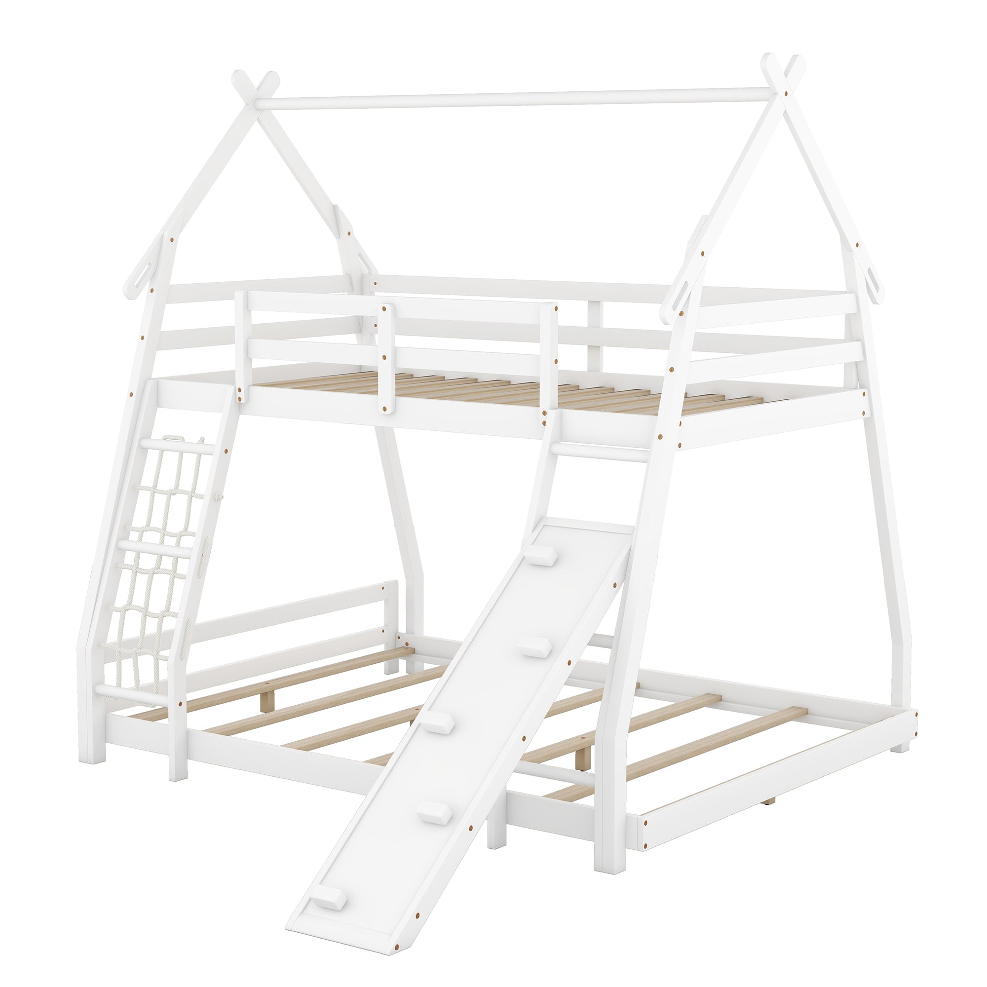 Twin over Queen House Bunk Bed with Climbing Nets and Climbing Ramp, White - Atlantic Fine Furniture Melbourne FL
