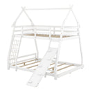 Twin over Queen House Bunk Bed with Climbing Nets and Climbing Ramp, White
