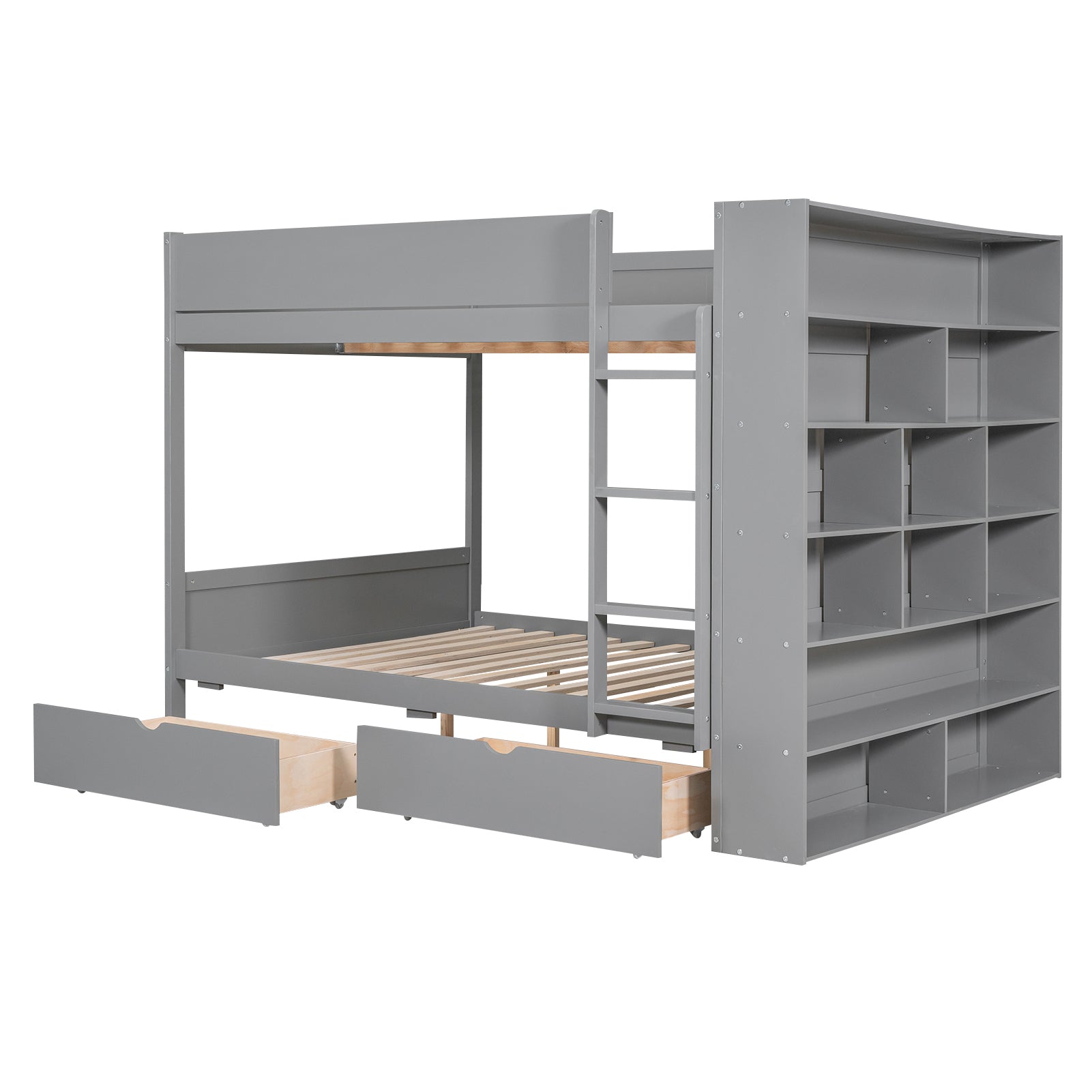 Full over Full Bunk Bed With 2 Drawers and Multi-layer Cabinet, Gray - Atlantic Fine Furniture Melbourne FL