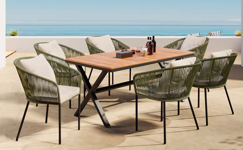 7 Pieces Patio Dining Set, All-Weather Outdoor Furniture Set With Dining Table And Chairs, Acacia Wood Tabletop, Metal Frame, For For Garden, Backyard, Balcony - Green