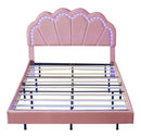 Full Upholstered Smart LED Bed Frame with Elegant Flowers Headboard,Floating Velvet Platform LED Bed with Wooden Slats Support,Pink