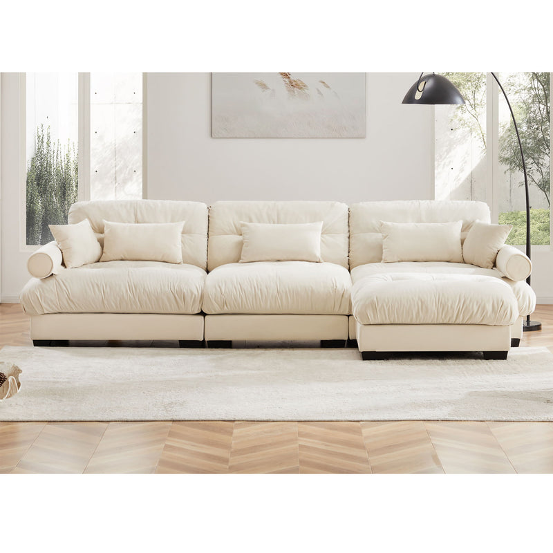Modern Sectional Sofa With Ottoman, Round Bolster Armrests, Waist And Throw Pillows