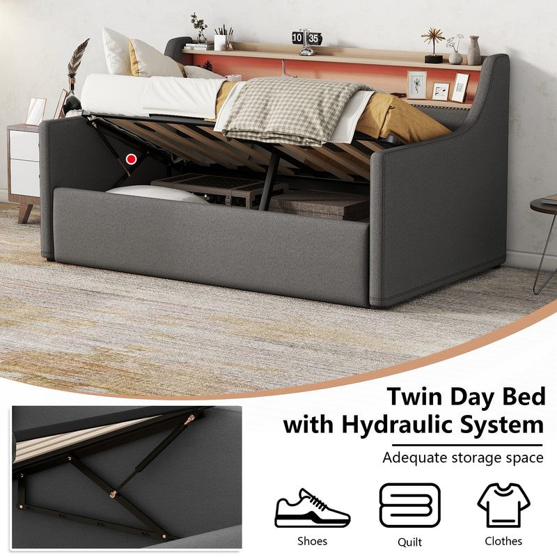 Twin Size Daybed with Hydraulic Storage, Upholstered Daybed with Lift Up Storage, Twin Linen Daybed with Charging Station and LED Lights,Gray(Expect arrival date 2024.2.20)