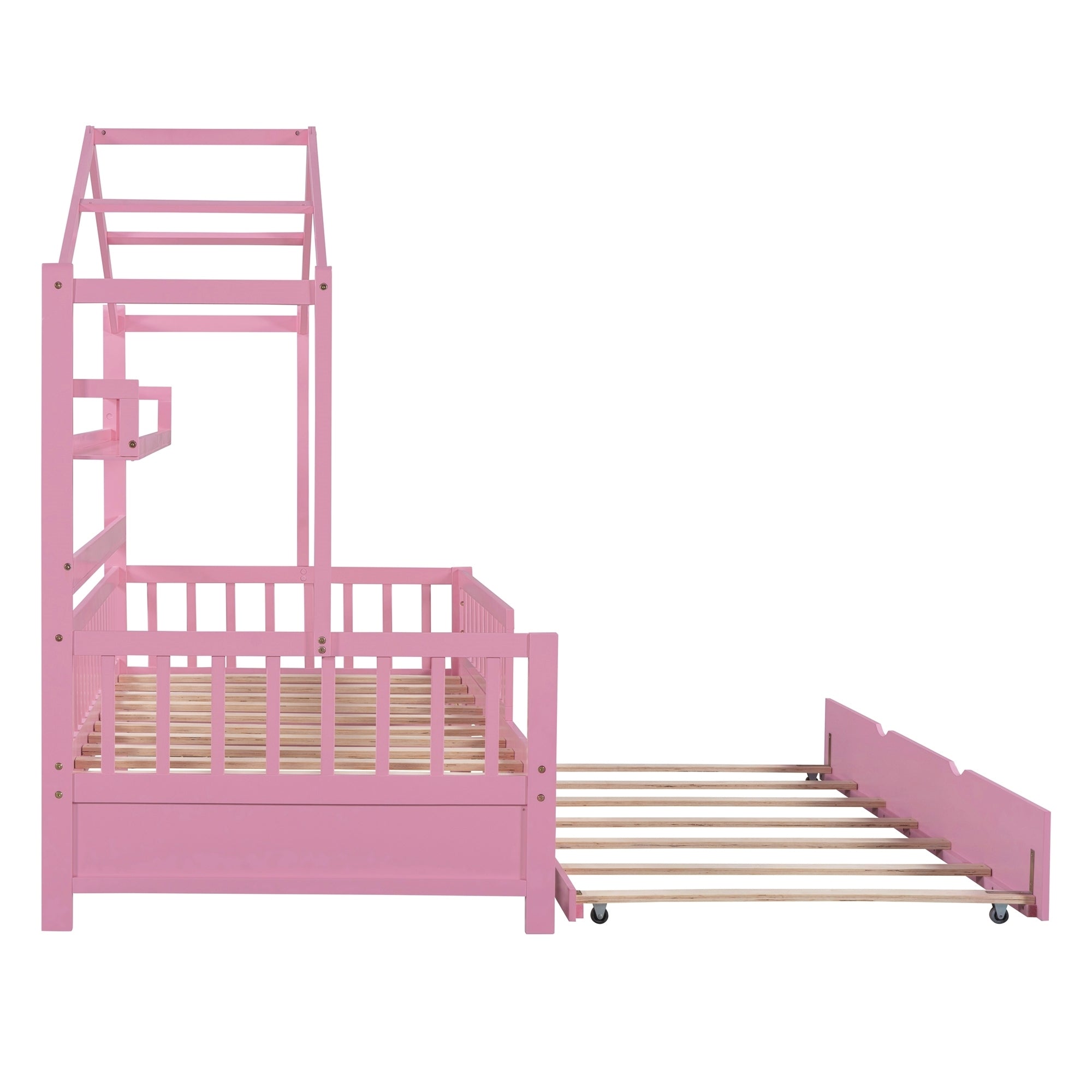 Wooden Twin Size House Bed with Trundle,Kids Bed with Shelf, Pink - Atlantic Fine Furniture Melbourne FL