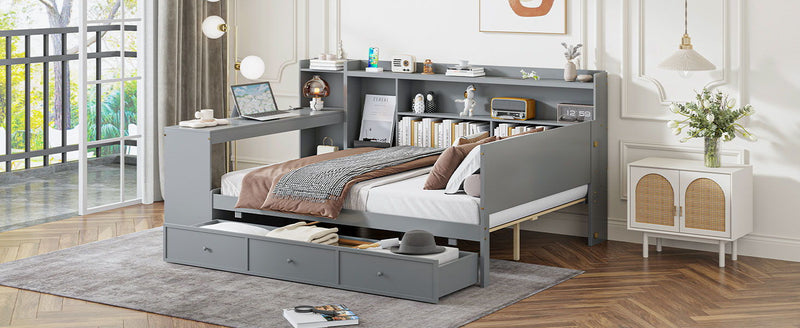 Wooden Daybed With 3 Drawers, USB Ports And Desk