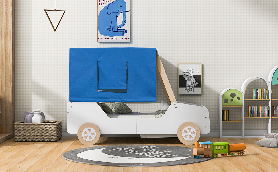 Twin Size Car Shaped Bed with Tents,White+Natural - Atlantic Fine Furniture Melbourne FL