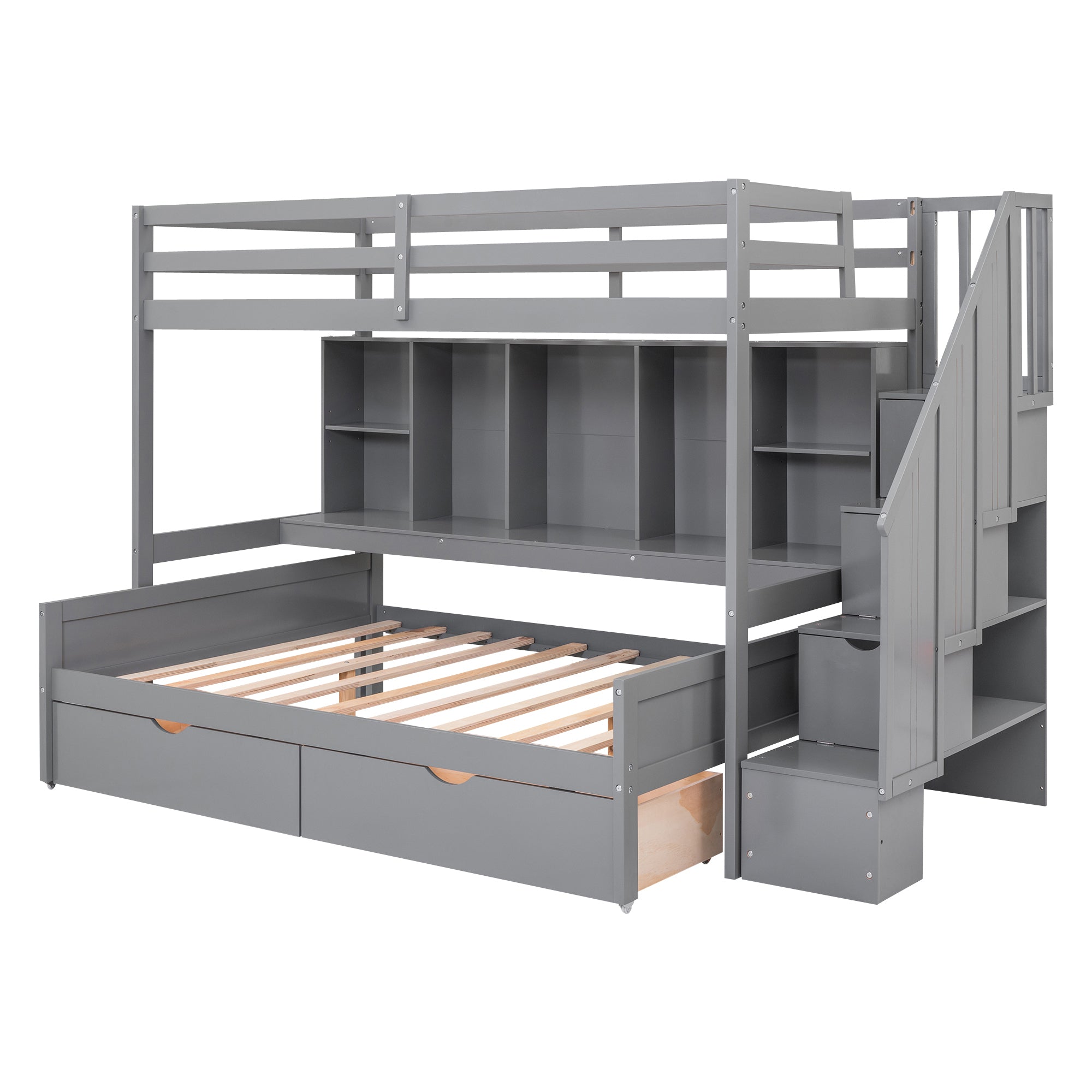 Twin XL over Full Bunk Bed with Built-in Storage Shelves, Drawers and Staircase,Gray - Atlantic Fine Furniture Melbourne FL