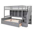 Twin XL over Full Bunk Bed with Built-in Storage Shelves, Drawers and Staircase,Gray