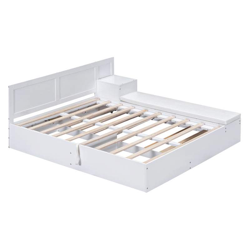 Full Size Wood Storage Hydraulic Platform Bed with Twin Size Trundle, Side Table and Lounge, White
