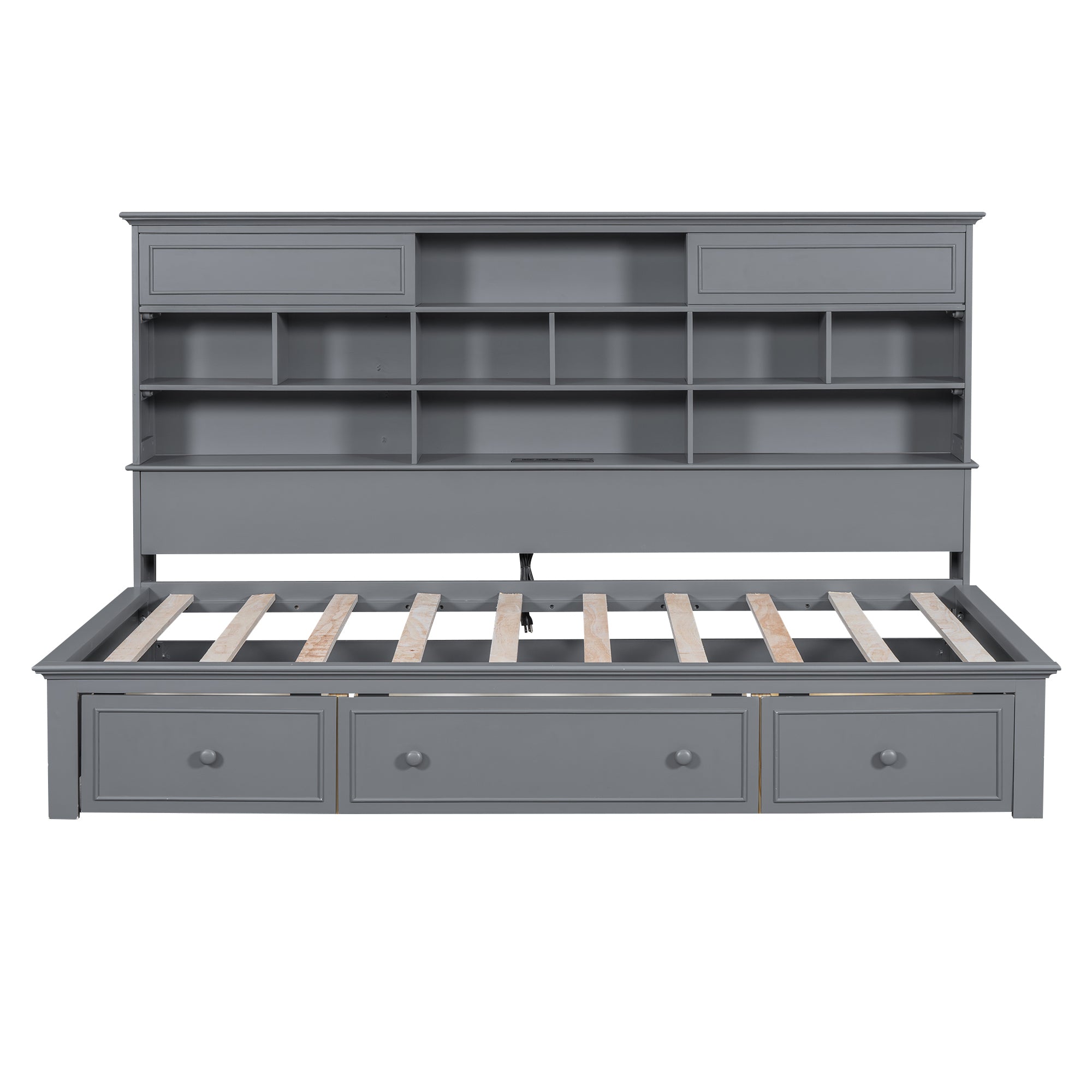 Twin Size Wood Daybed with Multi-Storage Shelves, Charging Station and 3 Drawers, Gray