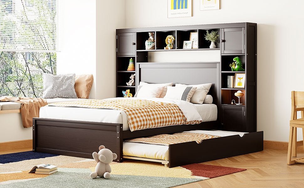 Full Size Wooden Bed With All-in-One Cabinet, Shelf and Sockets, Espresso - Atlantic Fine Furniture Melbourne FL