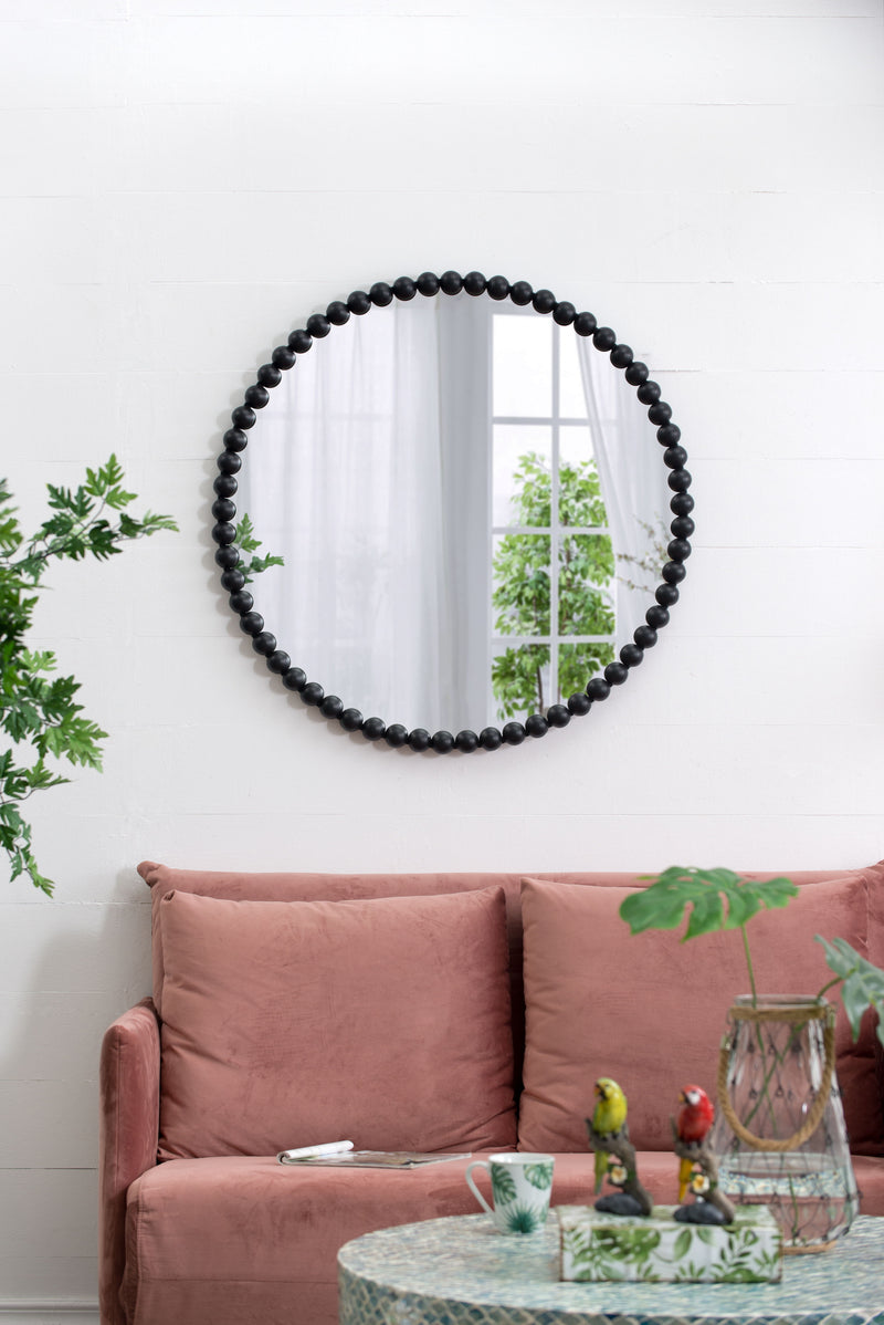 Circle Mirror With Metal Beaded Frame, Wall Mirror For Living Room Bedroom Entryway - Black