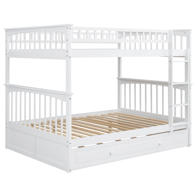 Full over Full Bunk Bed with Twin Size Trundle, Convertible Beds, White