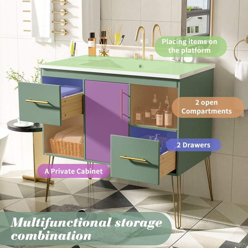 Bathroom Vanity With Resin Sink Combo Set, Modern Freestanding Single Bathroom Cabinet With 2 Drawers & 2 Storage Compartments, Storage Cabinet For Bathroom, Frame Vanity Set - Green
