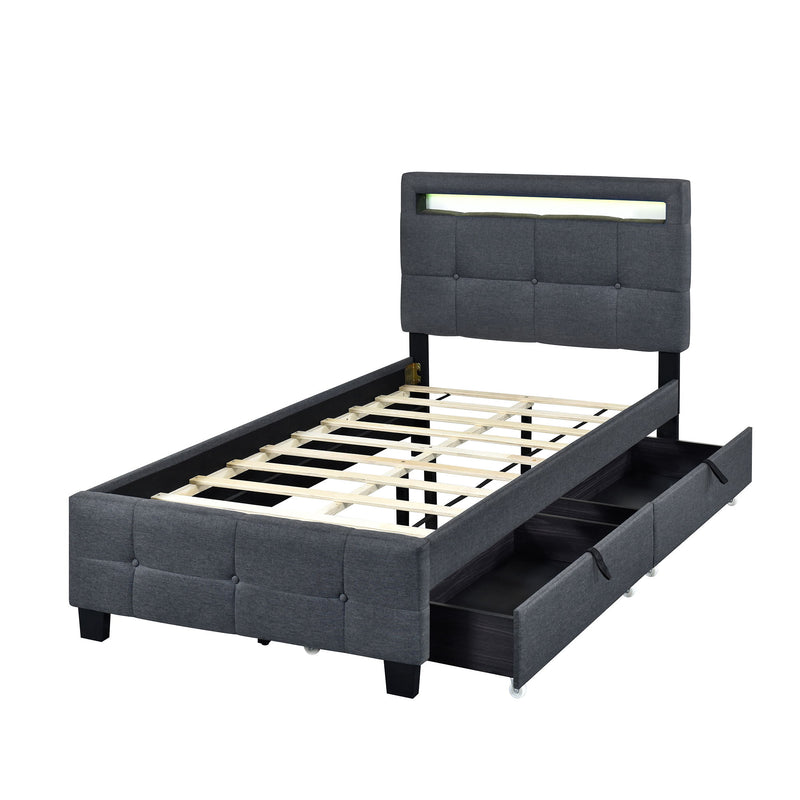 Upholstered Platform Bed With LED Frame, With Trundle And 2 Drawers