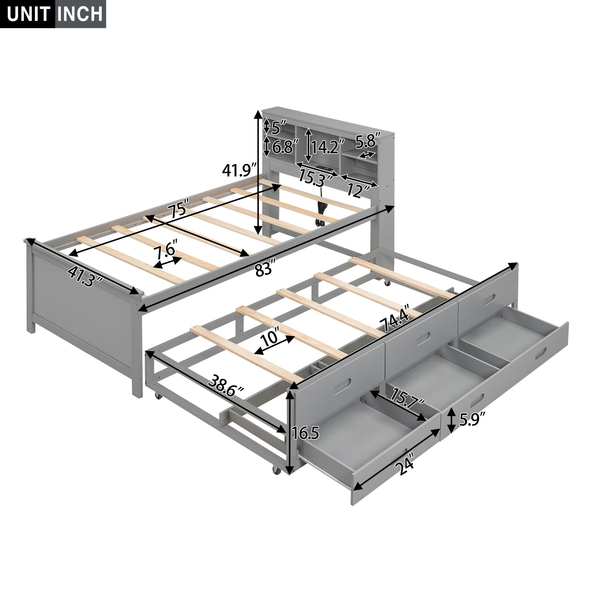 Twin Size Platform Bed with Storage Headboard, USB, Twin Size Trundle and 3 Drawers, Gray - Atlantic Fine Furniture Melbourne FL