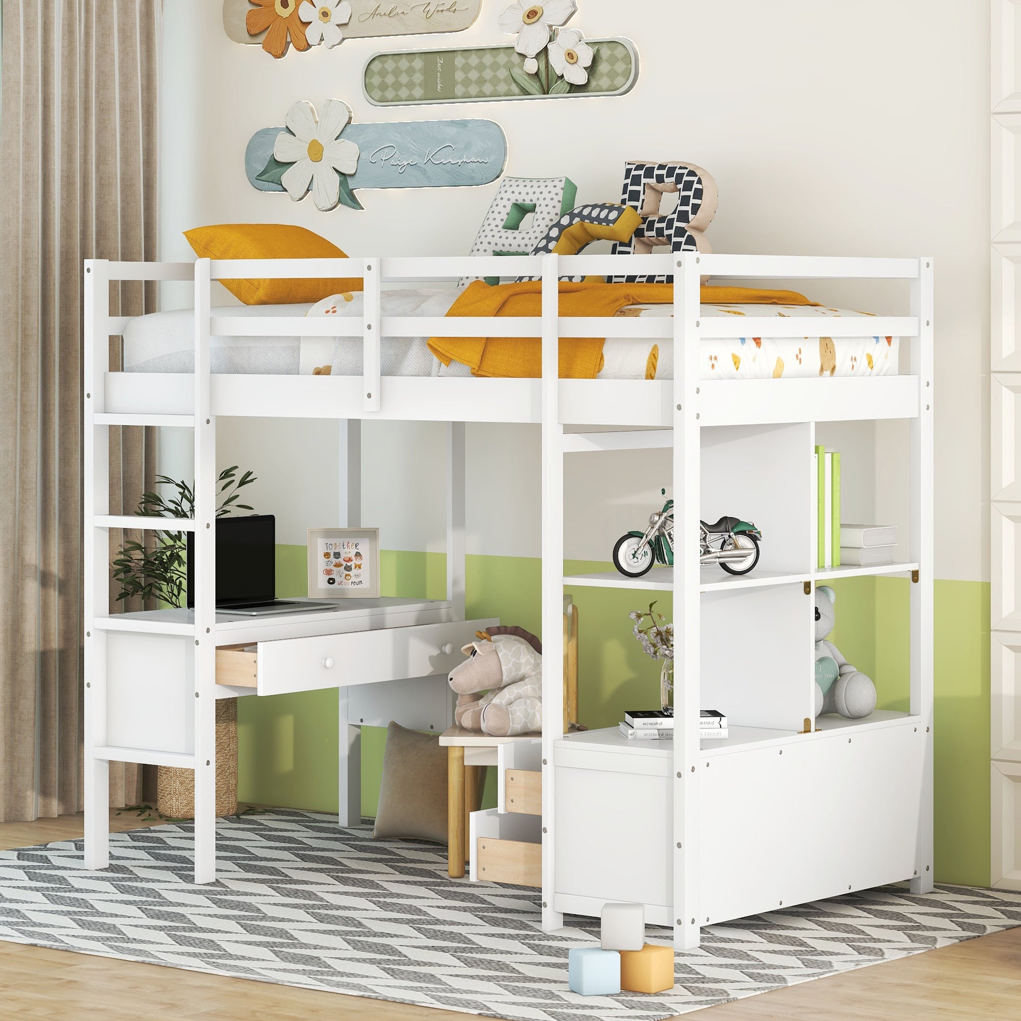 Twin  Size Loft Bed with Built-in Desk with Two Drawers, and Storage Shelves and Drawers,White - Atlantic Fine Furniture Melbourne FL