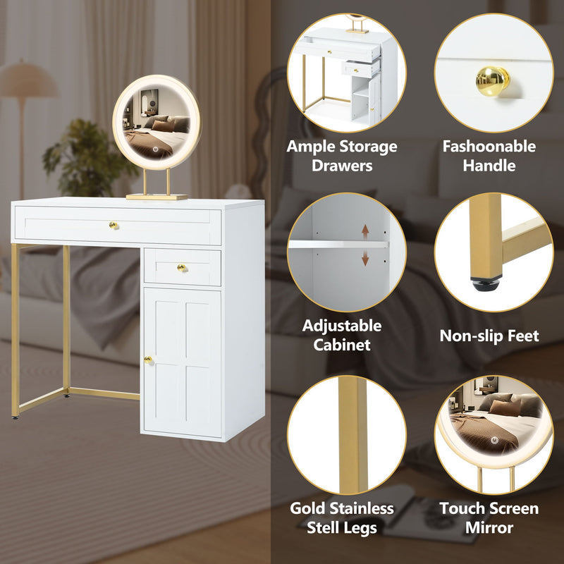Makeup Vanity Desk With Lighted Mirror, Luxury Dressing Table With 2 Drawers And 1 Cabinet, 3 Lighting Modes Available For Bedroom - White / Gold