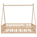 Full Tent-shaped Floor Bed, with Guardrails, Slats, Door ,Natural