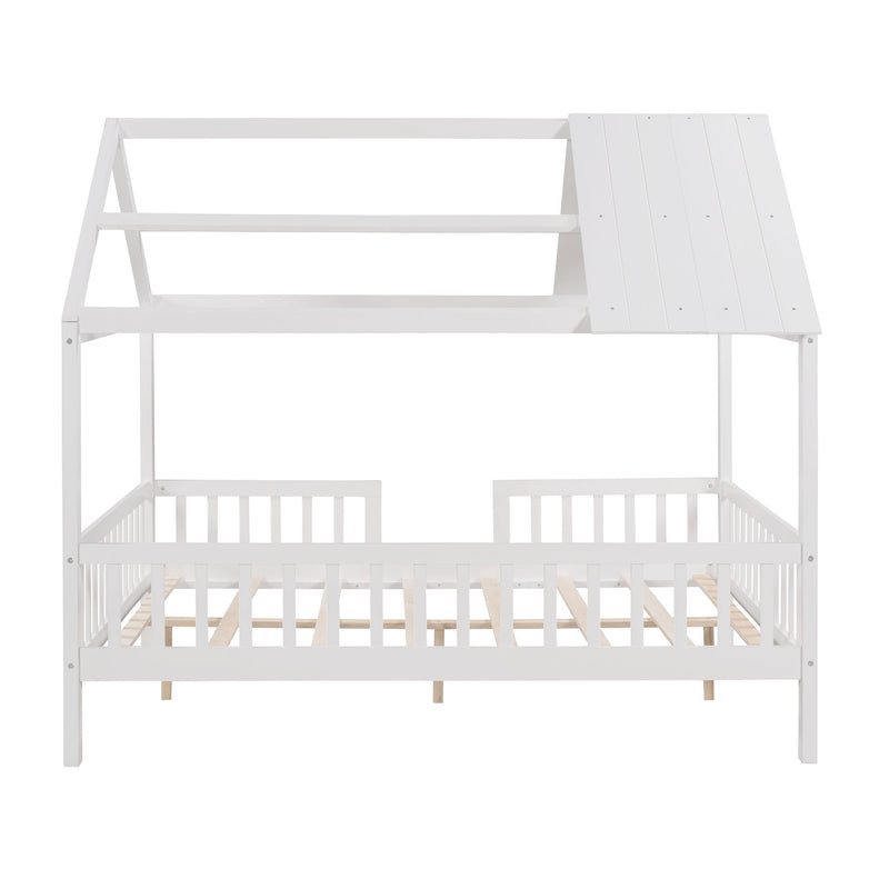 Full Size Wood House Bed With Fence - White