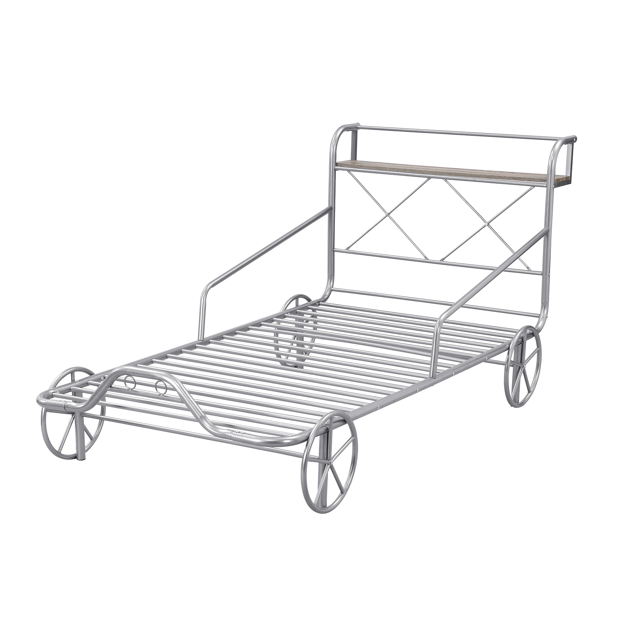 Twin Size Metal Car Bed with Four Wheels, Guardrails and  X-Shaped Frame Shelf, Silver(Old SKU: MF297599AAN) - Atlantic Fine Furniture Melbourne FL