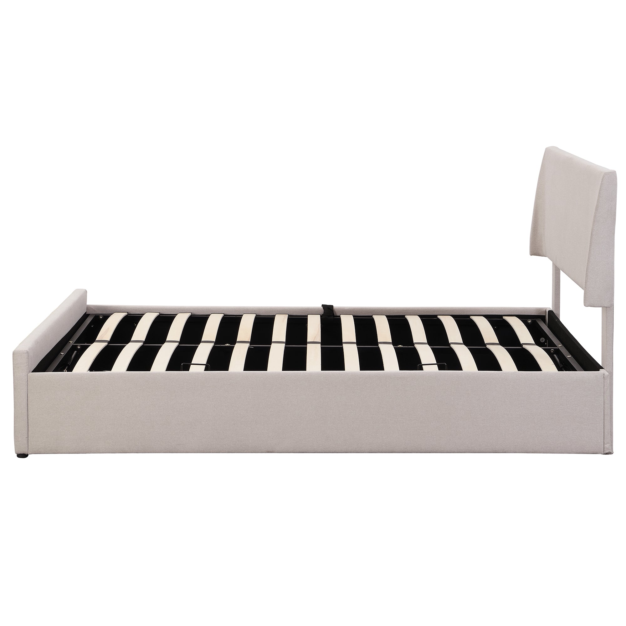 Queen Size Sleigh Bed with Side-Tilt Hydraulic Storage System, Linen Upholstery, Beige - Atlantic Fine Furniture Melbourne FL