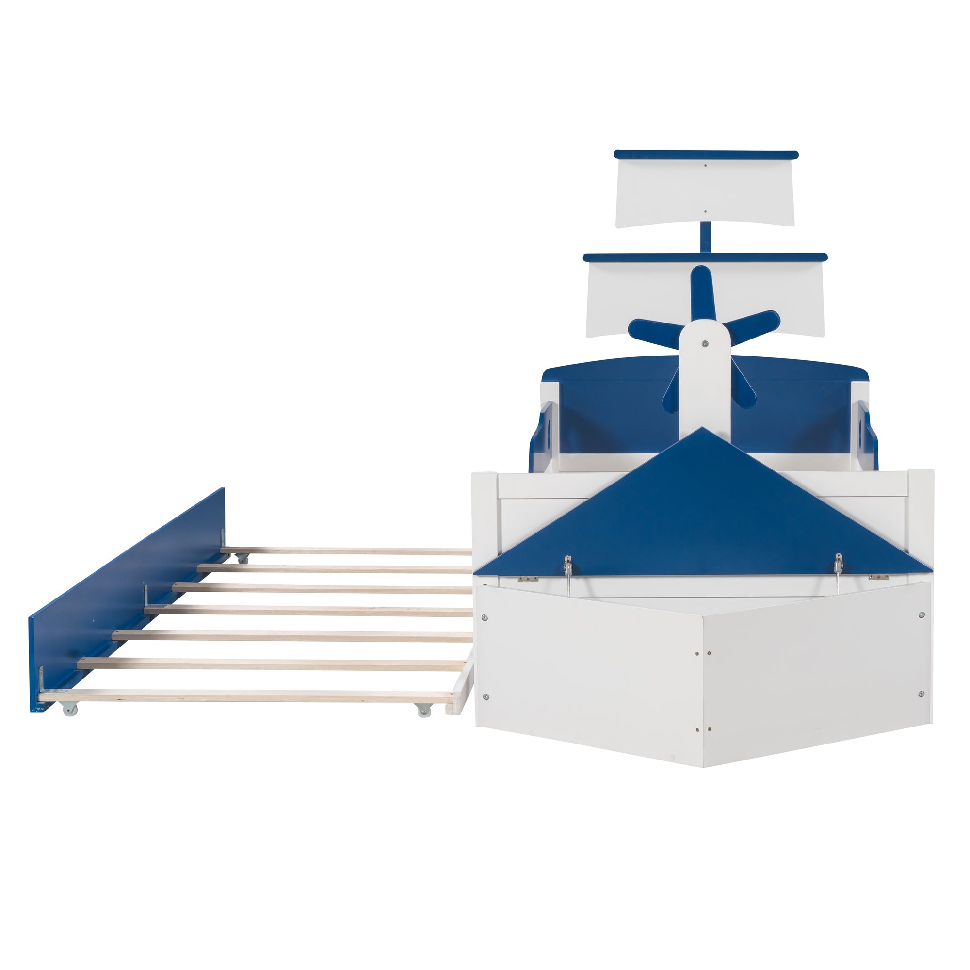 3-Pieces Bedroom Sets,Twin Size Boat-Shaped Platform Bed with  Trundle and Two Nightstands,White+Blue - Atlantic Fine Furniture Melbourne FL