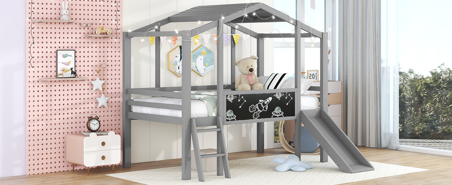 Twin Size Loft Bed with Ladder and Slide, House Bed with Blackboard and Light Strip on the Roof, Gray - Atlantic Fine Furniture Melbourne FL