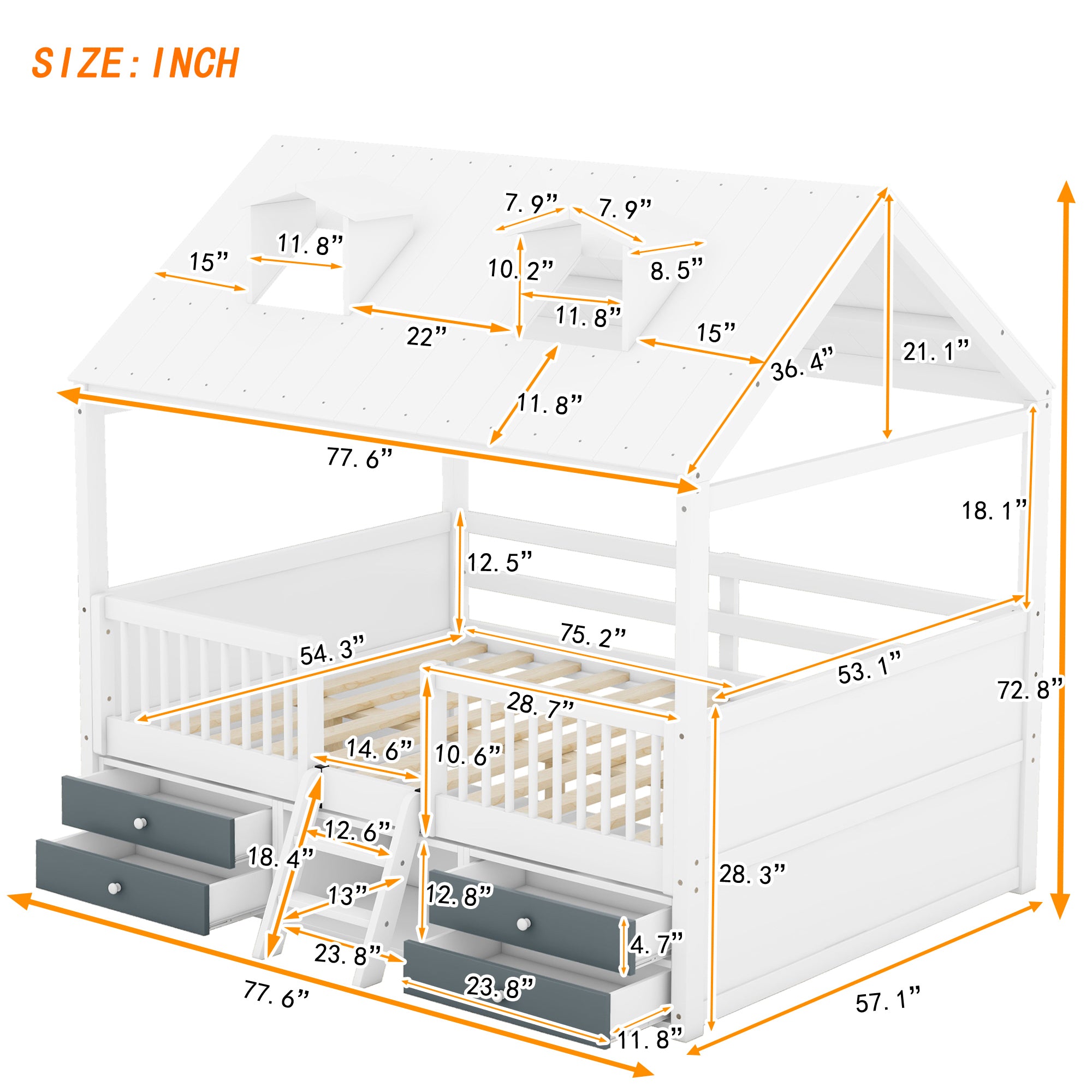 Full Size Wood Bed House Bed Frame,White - Atlantic Fine Furniture Melbourne FL