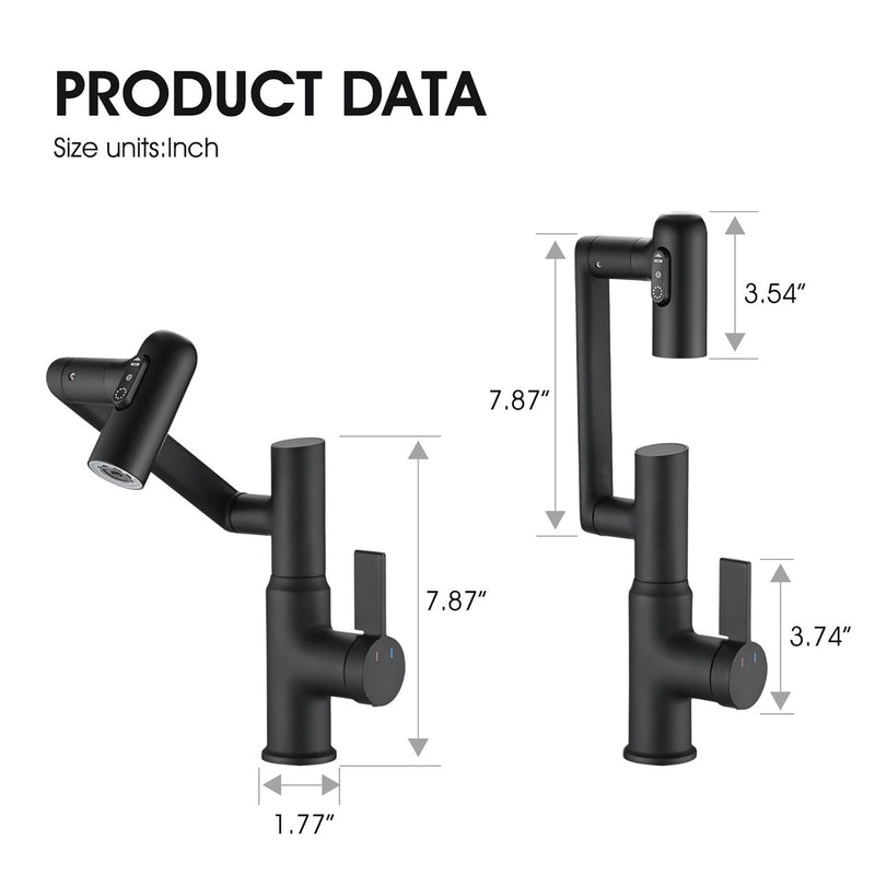 Modern Brass Bathroom Sink Faucet With Spray Function, Temperature Display & 360 Degree Rotary - Matte Black