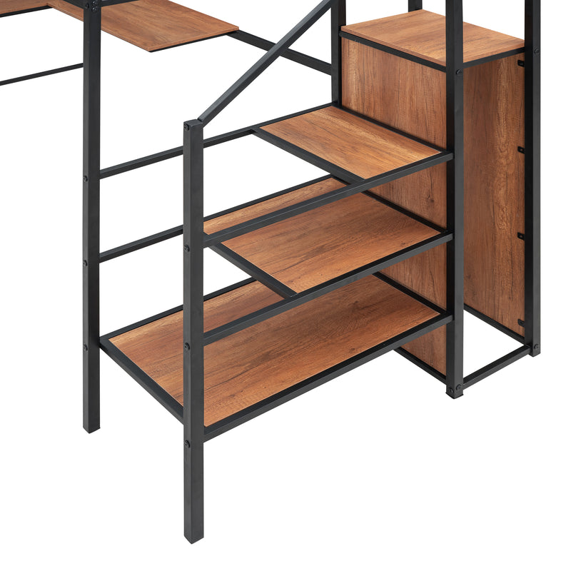 Twin Size Metal Loft Bed with Desk and Metal Grid, Stylish Metal Frame Bed with Lateral Storage Ladder and Wardrobe, Black