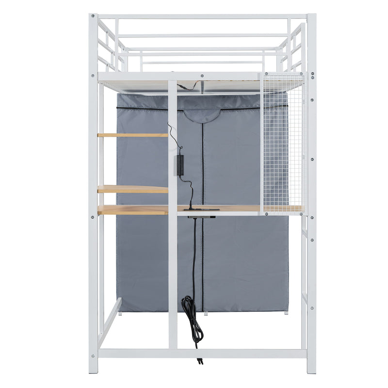 Loft Bed With Desk, Shelves, Power Outlet, LED Light And Wardrobe