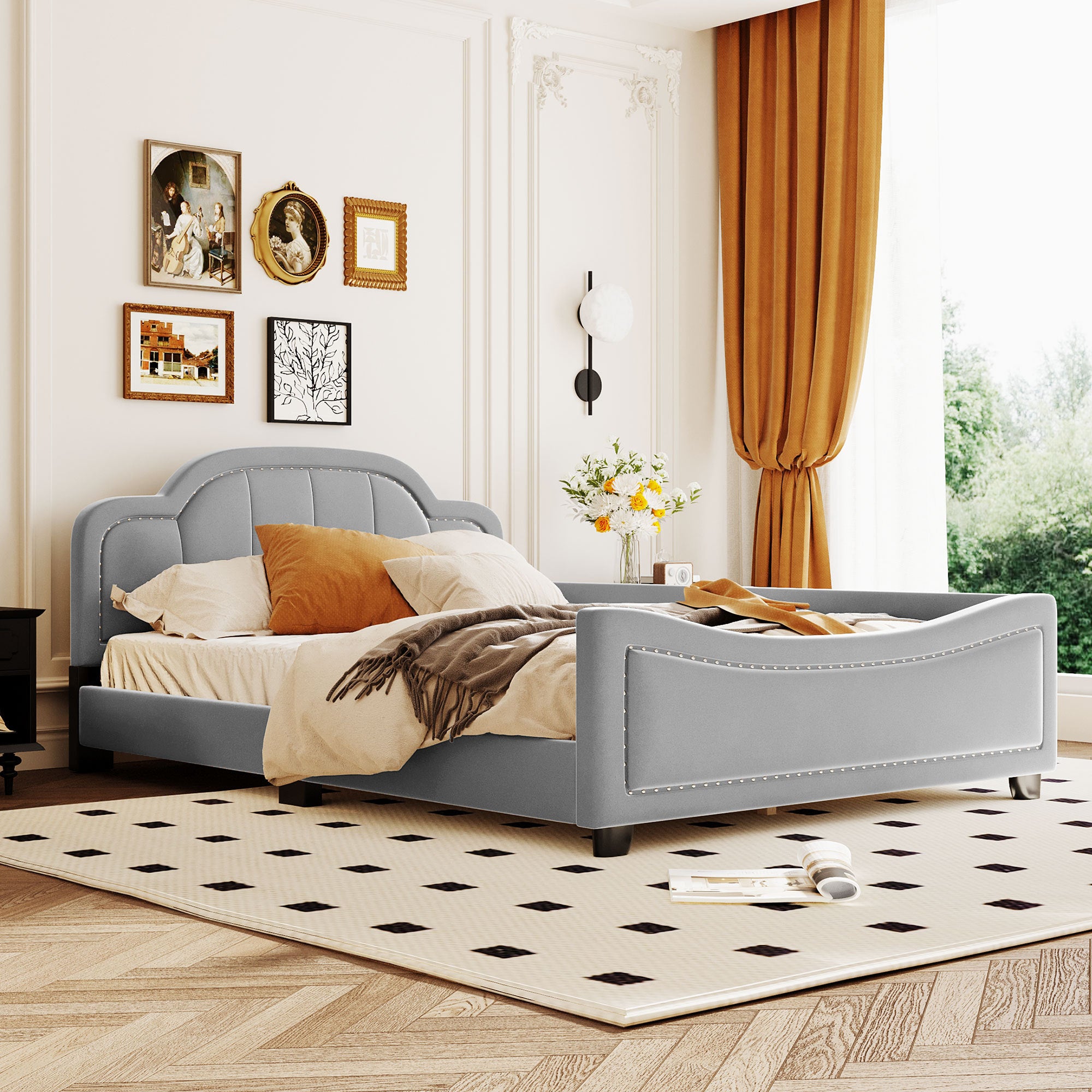 Full Size Upholstered Daybed with Cloud Shaped Headboard, Embedded Elegant Copper Nail Design, Gray - Atlantic Fine Furniture Melbourne FL