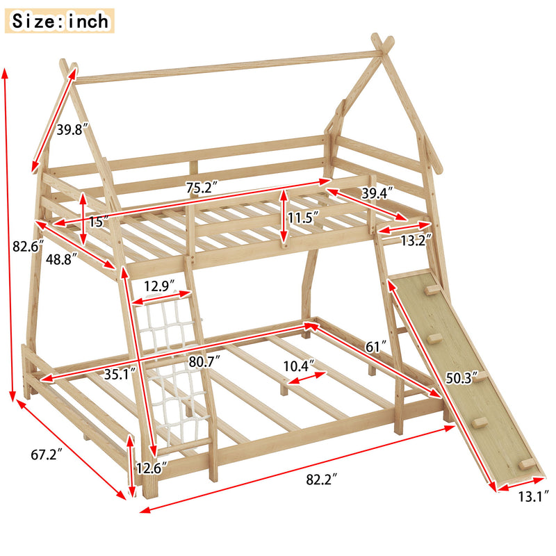 Twin Over Queen House Bunk Bed With Climbing Nets And Climbing Ramp