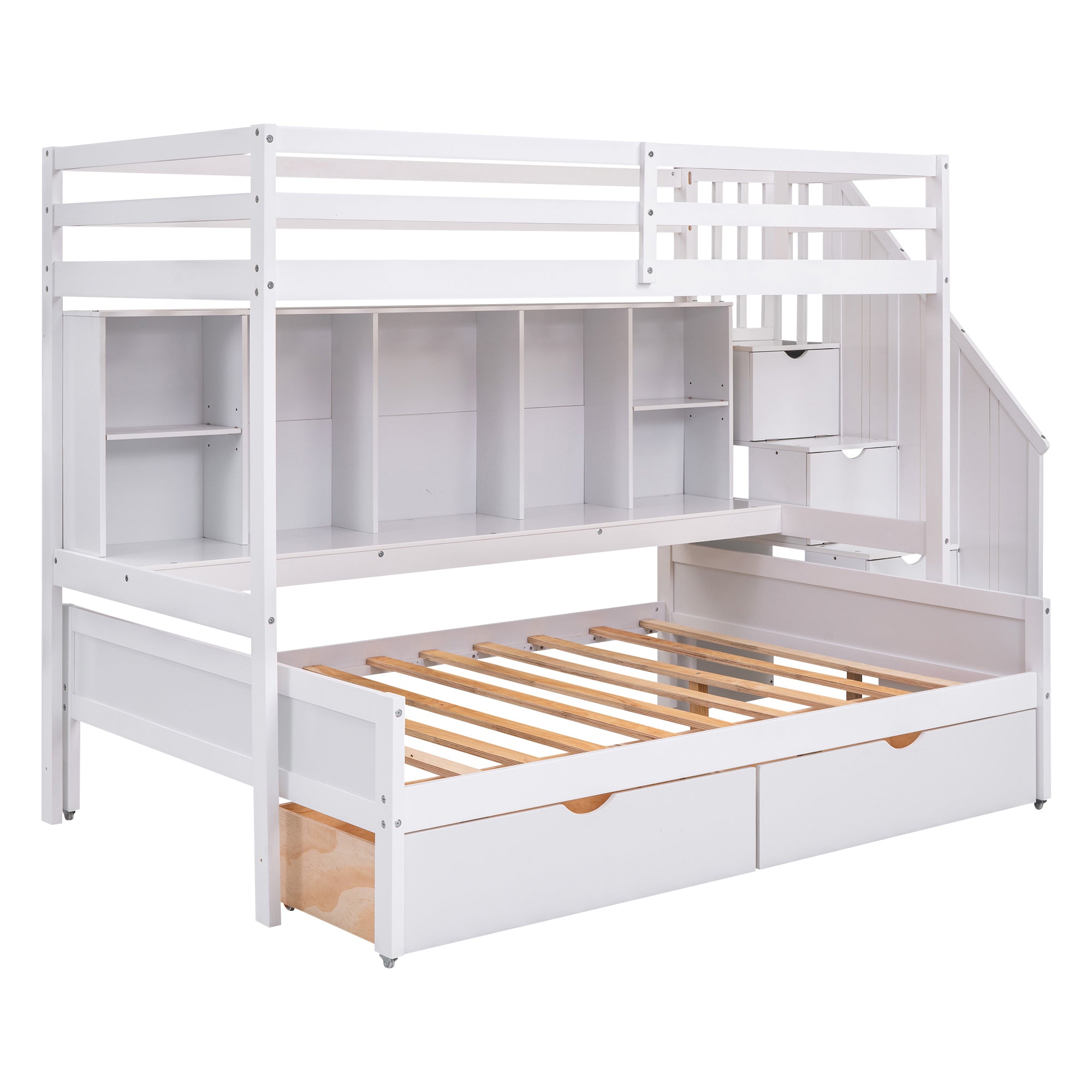 Twin XL over Full Bunk Bed with Built-in Storage Shelves, Drawers and Staircase,White - Atlantic Fine Furniture Melbourne FL