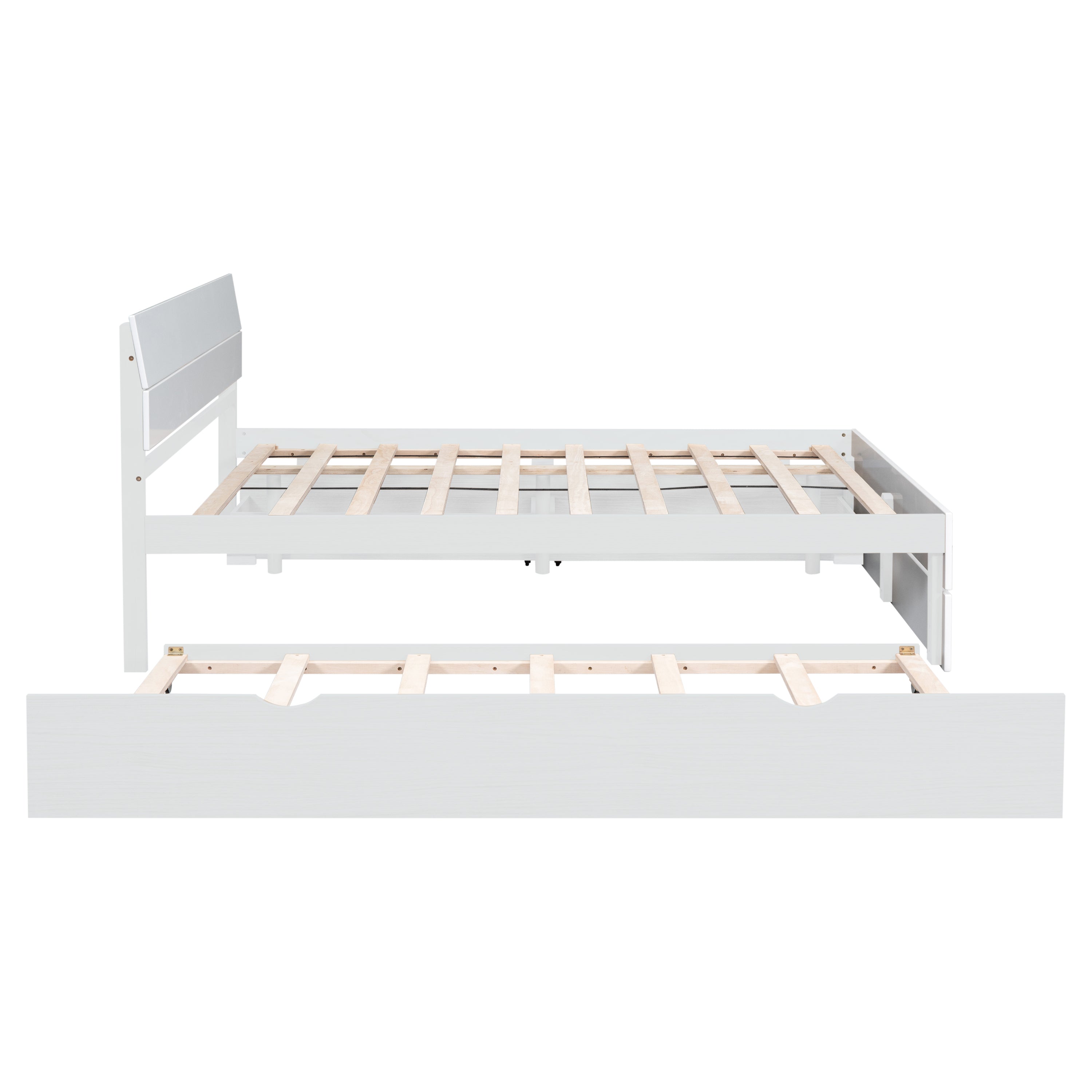 Modern Full Bed Frame With Twin Size Trundle And 2 Drawers For White High Gloss and Washed White Color