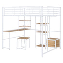 Full Size Loft Bed With Desk And Stool, With Open Style Wardrobe, Shelves And Cabinet - White