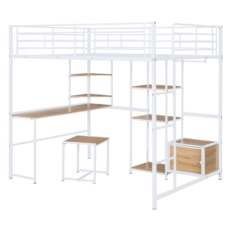 Full Size Loft Bed With Desk And Stool, With Open Style Wardrobe, Shelves And Cabinet - White