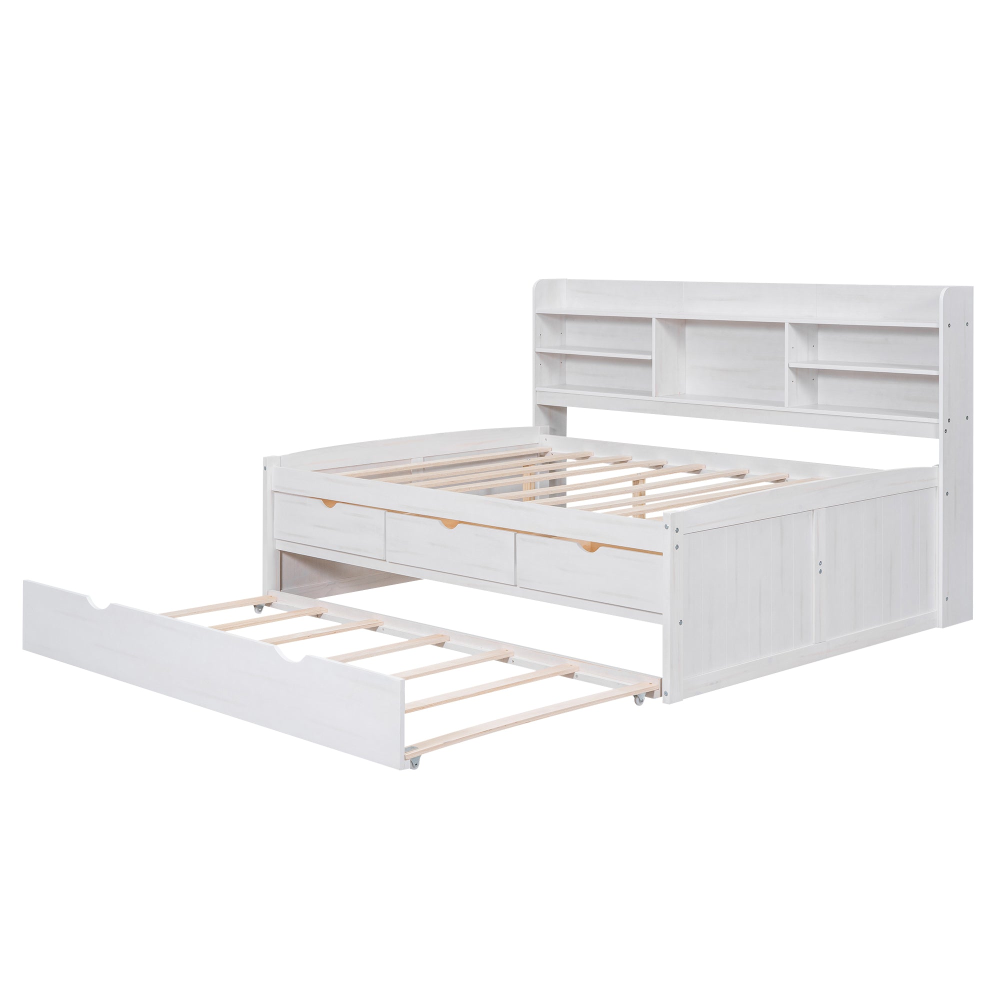 Full Size Wooden Captain Bed with Built-in Bookshelves,Three Storage Drawers and Trundle,White Wash - Atlantic Fine Furniture Melbourne FL