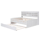 Full Size Wooden Captain Bed with Built-in Bookshelves,Three Storage Drawers and Trundle,White Wash