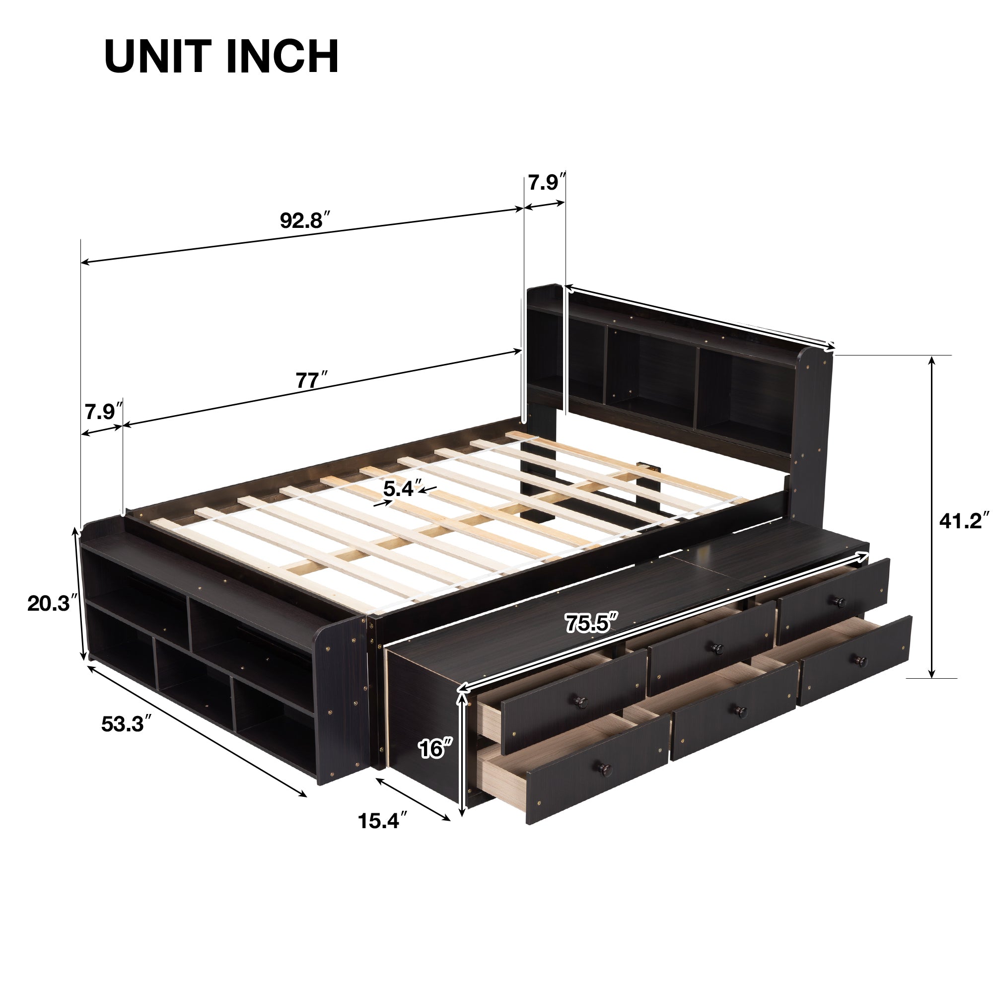 Full Bed with Bookcase Headboard, Under bed Storage Drawers and Bed End Storage Case,Espresso