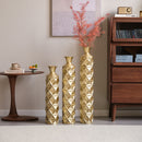 Metal Decorative Vase High Distress Metal Center Vase With 3D Triangle Pattern, (Set of 3) Vases For Home Decoration - Gold